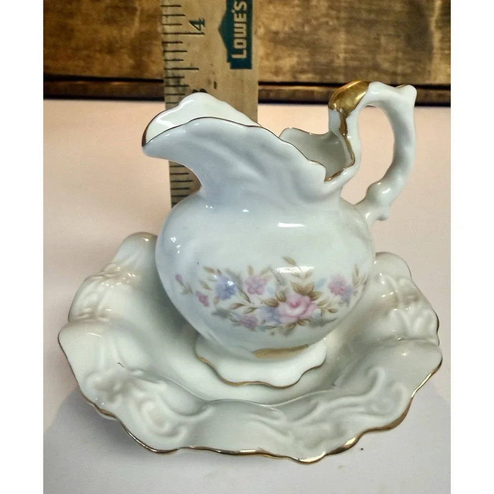 Vintage Lefton China Hand Painted Flowers #6843 Petite Pitcher & Wash Bowl